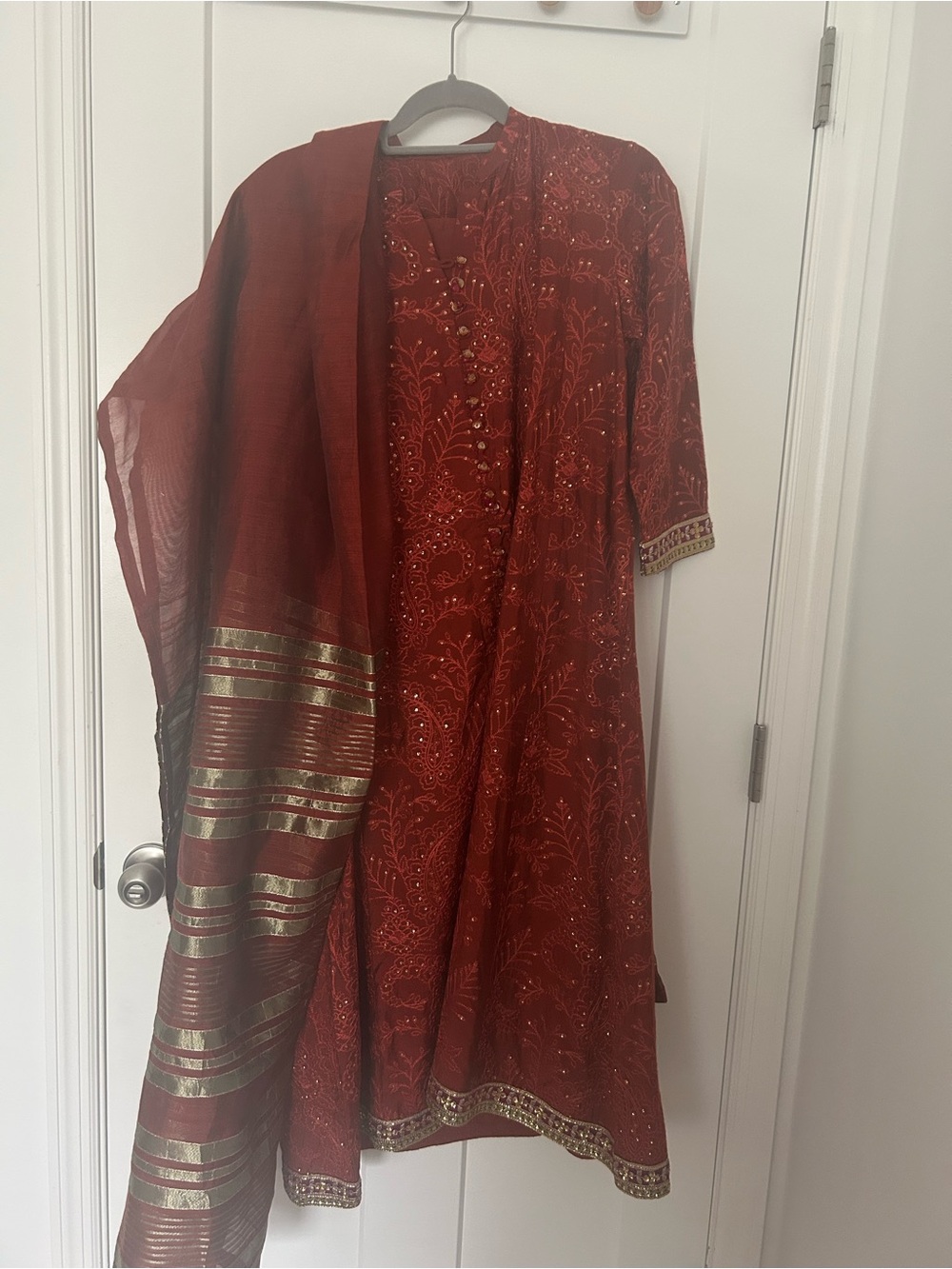 Limelight Maroon Embroidered Long Sleeve Dress with Gold-Trim Scarf